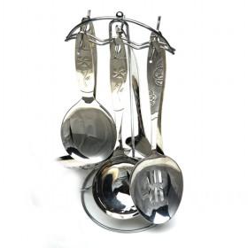 Elegant Design 7 Pieces Stainless Steel Utensil Set With Silver Handle Carved Flower