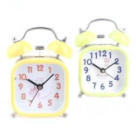 Double Bell Yellow Square Modern Battery Operated Alarm Clock Set