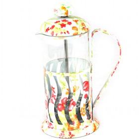 Wholesale 350ml Yellow Pastoral Style Flower And Glass French Press Pot With Steel Rack And Lid