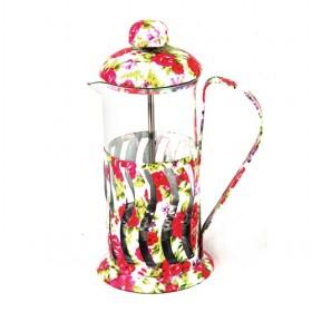 Wholesale 350ml Yellow Flower Glass French Press Pot With Steel Rack And Lid/ Coffee Maker Glass