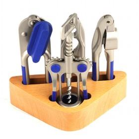 Blue 4 Pieces Opener Set With Wooden Triangle Base Great Finishing The Corks And Nut Crackers