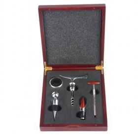 Red Wooden Box Wine Set With 5 Pieces Stopper Collar Thermometer Corkscrew Pourer