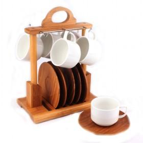 12pcs Set Coffee Cups With 6pcs Ceramic Coffee Mugs And 6pcs Wooden Saucers