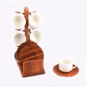 12pcs Set Coffee Cups With 6pcs Ceramic Coffee Mugs And 6pcs Wooden Round Saucers