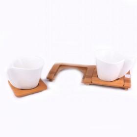 4pcs Set Ceramic Coffee Cups Set With 2pcs Mugs And 2pcs Wooden Saucers