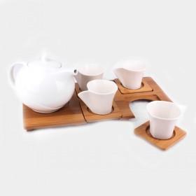 10pcs Set Ceramic Coffee Cups With 4pcs Mugs And 5pcs Wooden Saucers And 1pcs Ceramic Pot