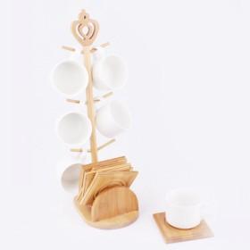 Vertical Design 12pcs Set Ceramic Coffee Cups With 6pcs Coffee Mugs And 6pcs Wooden Square Saucers