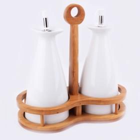 Modern Design White Ceramic Spice Powder Dispenser Sauce Bottles Set With Lids And Wooden Base
