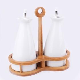 Modern Design White Ceramic Spice Powder Dispenser Sauce Bottles Set With Wooden Base And Lids