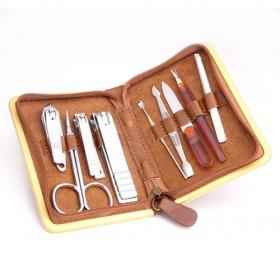 9 In 1 High Quality Manicure Set In Brown Case With Golden Line