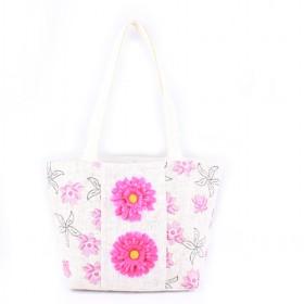 Straw Handbags, Light Color Beach Bag, Middle Two Fusia Flowers, Beach Bags