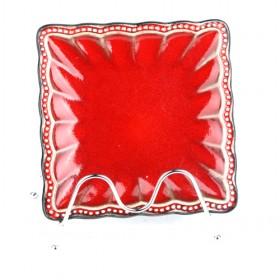 Decorated Red Ceramic Plate, 20.5cm Elegant Designed Serving Plate, Square Plate