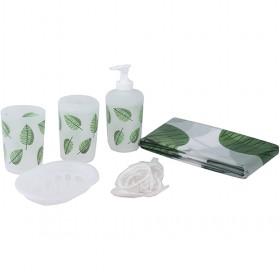 6 Piece Green Leaf Bathroom Lotion Containers and Towels Set