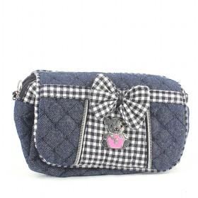 Fashionable Blue With Plaid Bowtie Double-layer Zipping Portable Multifunctional Cosmetic Makeup Bag