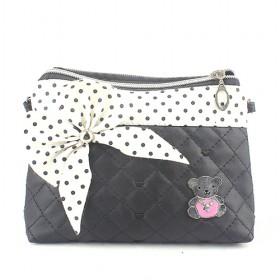 Sweet Design Fashionable Black Plaid With White Spots Bowtie Double-layer Zipping Portable Multifunctional Cosmetic Makeup Bag