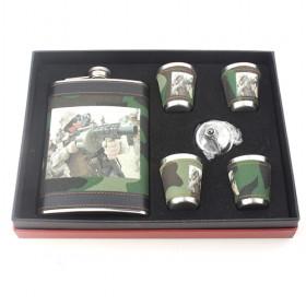 Army Type Leather Wrapped Wine Set Of Hip Flask, 4 Shot Glasses, 1 Funnel, Stylish Gift Set