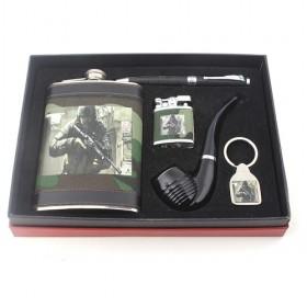 Soldier Prints Army Style Wine Set, Stainless Flask And Lighter Wrapped In PU Leather With Quality Keychain, Pipe, Pen