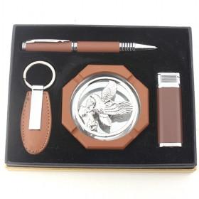 High Quality Brown Color Smoking Set, Eagle Steel Ashtray, Keychain, Pen, Lighter, Perfect Business Gift