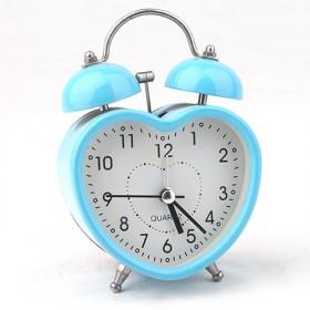 Cute Light Blue Heart-shape Metal Polished Double-bell Quartz Alarm Clock