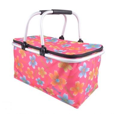 Pink Floral Prints Non-woven Double Aluminium Alloy Handle Renewable Shopping Basket