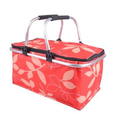 Red Leaves Prints Non-woven Double Aluminium Alloy Handle Renewable Shopping Basket