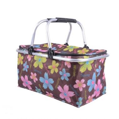 Brown Floral Prints Rectangular Non-woven Double Aluminium Alloy Handles Renewable Shopping Basket