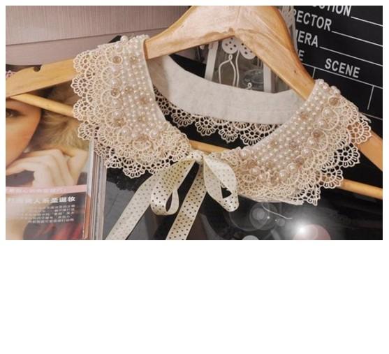 Wholesale Sweet Pearl Beaded Embroidered Lace Ribbon Bowknot Fake Collar Beige
