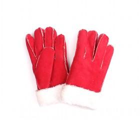 Red Genuine Leather Gloves With White Hair