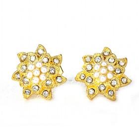 Golden Rhinestone Floral Clip Earrings