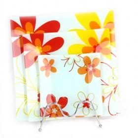 4pcs Pastoral Floral Design Tempered Square Glass Tray With Decal