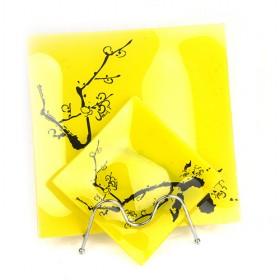 Hot Sale Yellow Color Glass Trays With Chinese Paiting Plum Blossom Design
