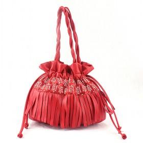 Korea Women 's Red Handbag Cute Girls Bag Handmade Drum Pattern Leather Bag Small Shoulder Messenger Bag