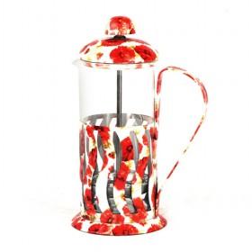 Hot Sale Red Flower Design Glass French Press Pot With Steel Rack And Lid