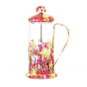 Red Flower Design Glass French Press Pot With Steel Rack And Lid