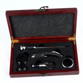 Simple Dark Wooden Pack Of Wine Sets Of 5 Pieces Thermometer Corkscrew Foil Cutter Pourer And Wine Ring