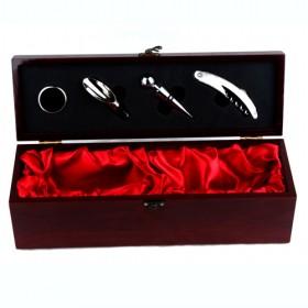 Elegant Red Wooden Box With Red Lining Inside And 4 Pieces Wine Opener Set