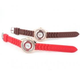 Brown And Red Round Silicon Waterproof And Diamond-Decorative Ladies Quartz Wrist Watch