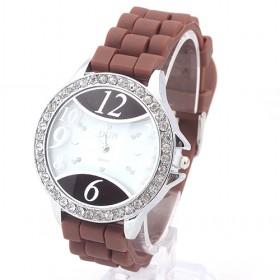 Delicated Brown Silicon Waterproof Diamond-Decorative Lady Quartz Sport Wrist Watch Collection