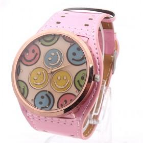 Cute Happy Face Printing Decorative Jelly Pink Ladies Wrist Watch