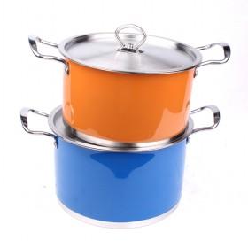 Stainless Steel Pot Set, 2pcs Steel Pots, Orange And Blue, With Glass Lids, Good Quality