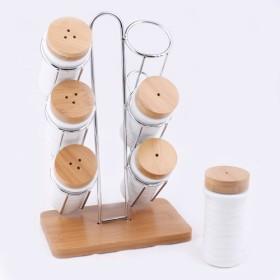 Cute Mini 6 Pieces White Ceramic Powder Dispenser Sauce Bottles Set With Lids And Wooden Base