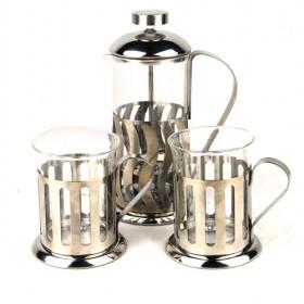 Wave Pattern French Press Bronze Coffee Set With 1 Coffee Pot And 2 Cups