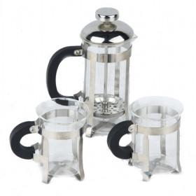 Classic Design Silver 1 Coffee Pot And 2 Cups Coffee Set With Black Handle