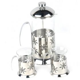 Silver Snowflake Glass French Press 1 Coffee Pot And 2 Cups/ Maker/ Coffee Set