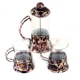 Coffee Color Glass French Press Coffee Maker Set With 1 Coffee Pot And 2 Cups