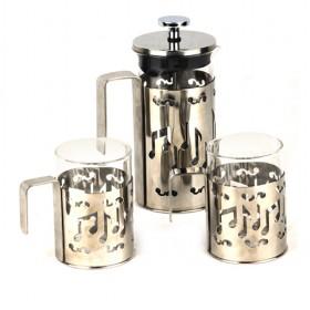 Musical Note Pattern Glass French Press 1 Coffee Pot And 2 Cups Coffee Maker/ Bronze Coffee Set