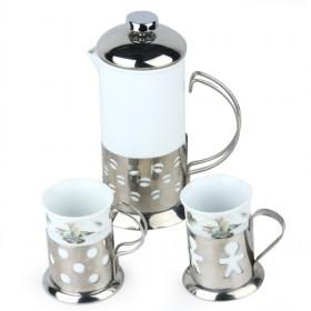 Dolls Pattern Ceramic French Press Coffee Silver Coffee Set With 1 Coffee Pot And 2 Cups