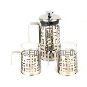 Geometry Pattern Glass French Press 1 Coffee Pot And 2 Cups Coffee Maker/ Bronze Coffee Set
