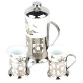 Chinese Traditional Painting Printing Ceramic French Press Silver Coffee Set With 1 Coffee Pot And 2 Cups