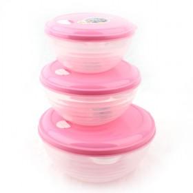Pink Cover Clear Crisper Set Of 3, Round Shape Food Storage Boxes